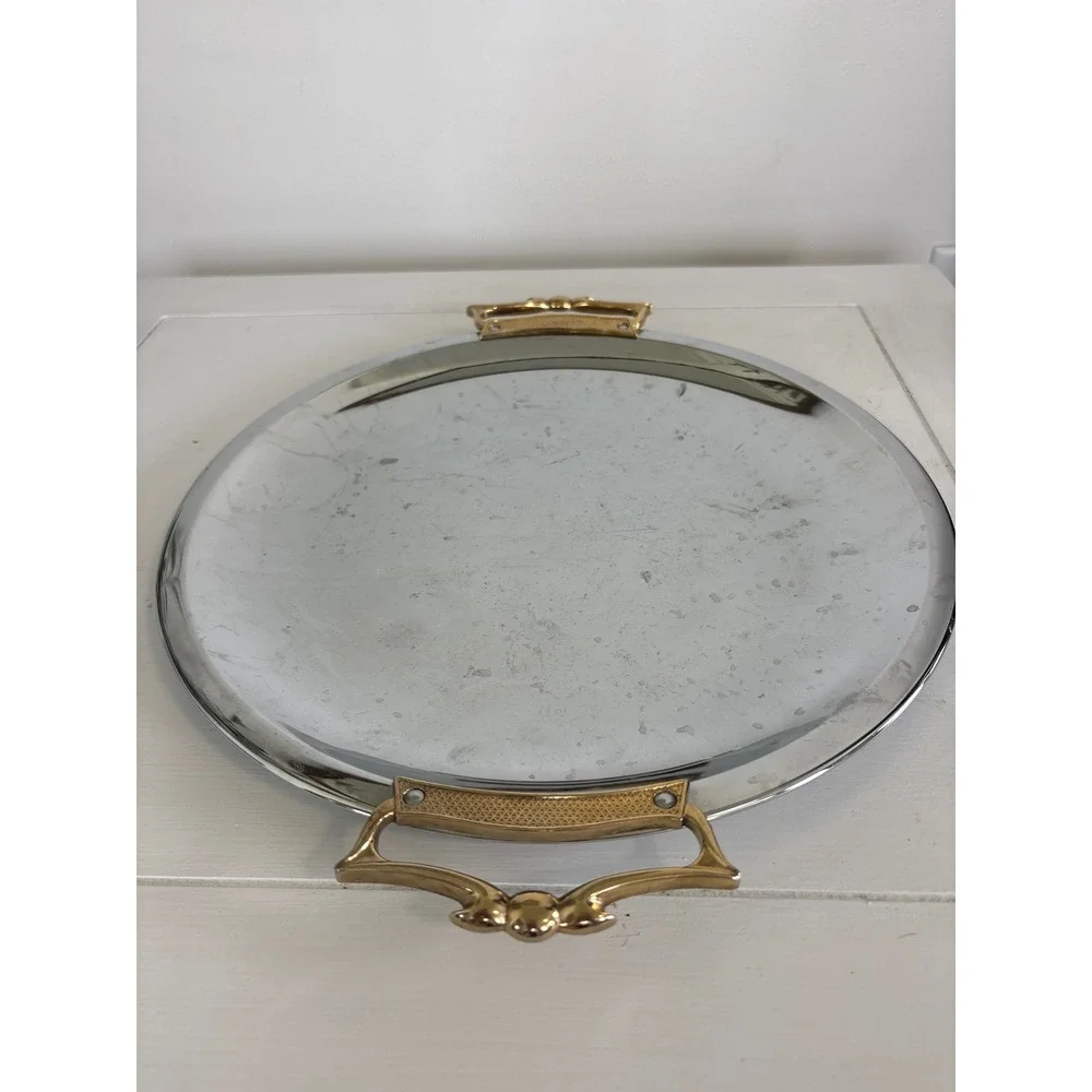 Vintage 60's Kromex Chrome Round Serving Tray Gold Handles MCM USA